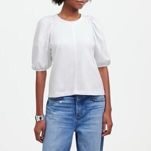 NWT Madewell Puff Sleeve Ruffle Trim Cotton Jersey Tee In White Size XS